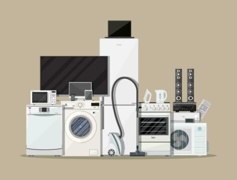household-appliances-and-electronic-devices-on-brown-background-illustration-in-flat-style-vector